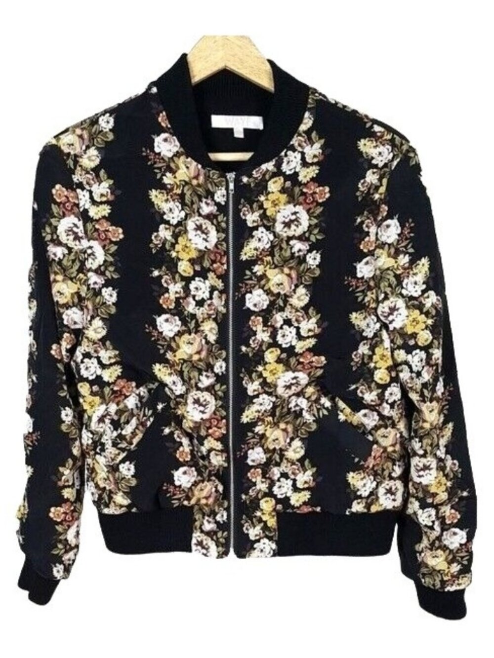 WAYF Womens Floral Satin Bomber Jacket Black Size Small Full Zip Pockets Ribbed